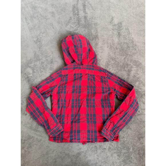 Hollister California Plaid Red Navy Blue Button Down Hooded Jacket Youth Size L - Picture 2 of 7